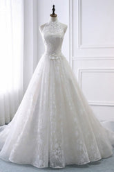 Elegant A-Line Halter Tulle White Wedding Dress Sleeveless Appliques Bridal Gowns On Sale