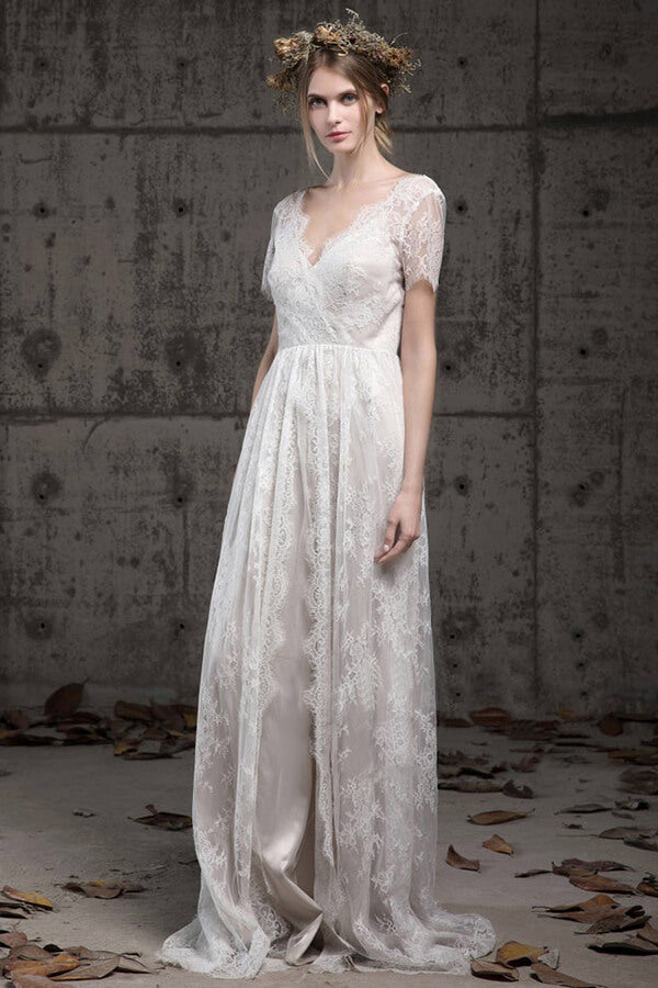 Elegant A-line Lace Wedding Dress Short Sleeves Appliques Bridal Gowns Newinlook Elegant A-line Lace Wedding Dress Short Sleeves Appliques Bridal Gowns Newinlook