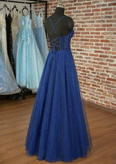 Elegant A-Line Long Prom Dress/Evening Dress with Spaghetti Straps and Glitter Appliques