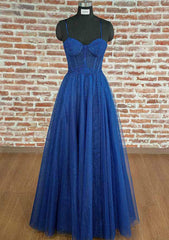 Elegant A-Line Long Prom Dress/Evening Dress with Spaghetti Straps and Glitter Appliques
