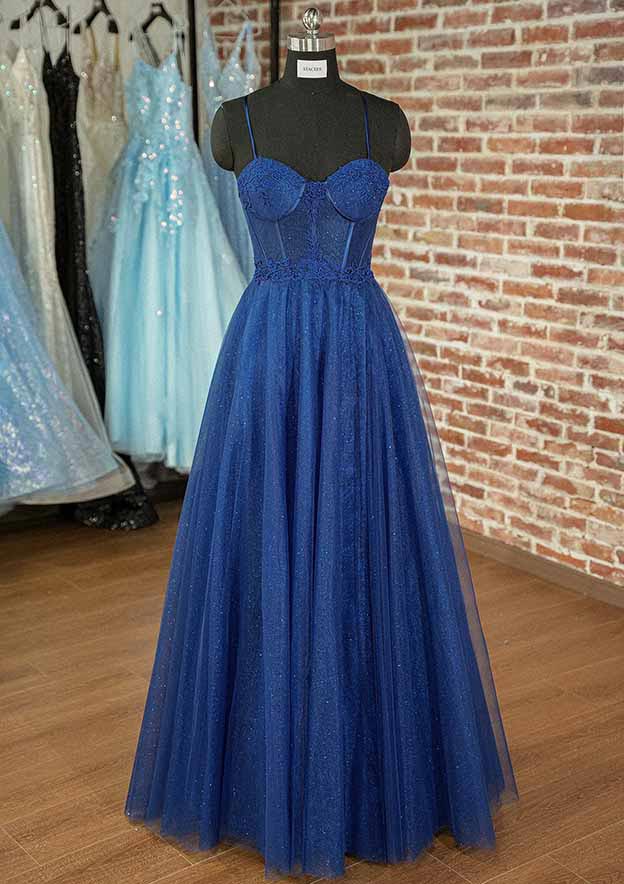 Elegant A-Line Long Prom Dress/Evening Dress with Spaghetti Straps and Glitter Appliques