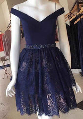 A-Line Off-the-Shoulder Knee-Length Lace Homecoming Dress with Beading