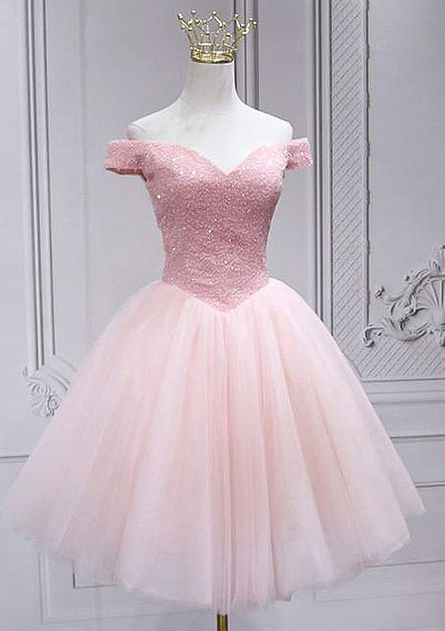 A-Line Off-the-Shoulder Tulle Dress with Sequins Beading