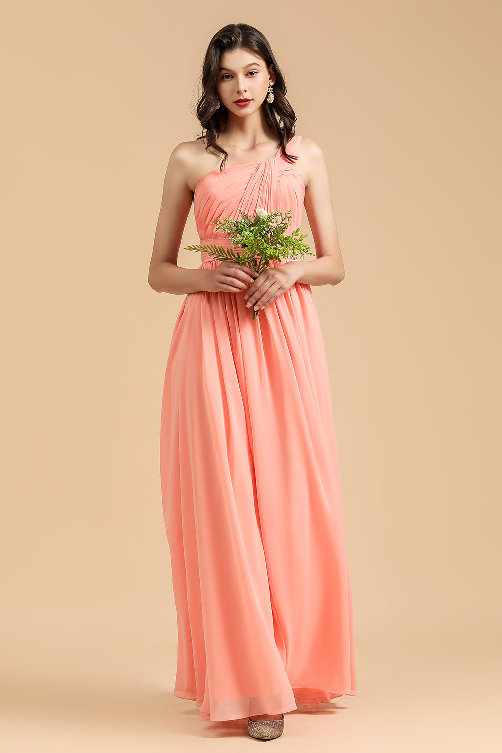 Elegant A-line One Shoulder Coral Chiffon Long Bridesmaid Dresses Newinlook Elegant A-line One Shoulder Coral Chiffon Long Bridesmaid Dresses Newinlook