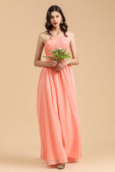 Elegant A-line One Shoulder Coral Chiffon Long Bridesmaid Dress