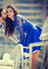 A-Line Princess High-Neck Elastic Satin Homecoming Dress with Beaded Appliques