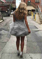 A-Line Princess V-Neck Sleeveless Short Mini Organza Cocktail Dress With Appliqued