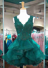 A-Line Princess V-Neck Sleeveless Short Mini Organza Cocktail Dress With Appliqued