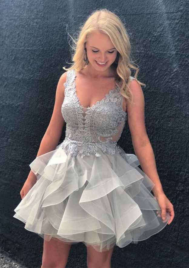 A-Line Princess V-Neck Sleeveless Short Mini Organza Cocktail Dress With Appliqued