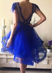 A-Line Short Sleeve Homecoming Dress with Illusion Neck and Beaded Appliques