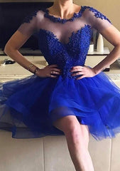 A-Line Short Sleeve Homecoming Dress with Illusion Neck and Beaded Appliques