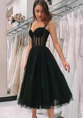 A-line Sweetheart Sleeveless Tea-Length Tulle Homecoming Dress