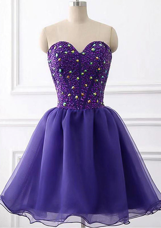 A-line Sweetheart Sleeveless Tulle Short/Mini Homecoming Dress with Beading Rhinestone
