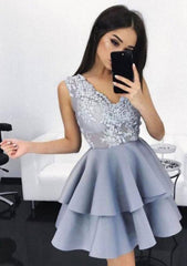 A-Line V-Neck Elastic Satin Short Dress with Ruffles