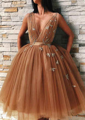 A-Line V Neck Embroidered Tulle Homecoming Dress