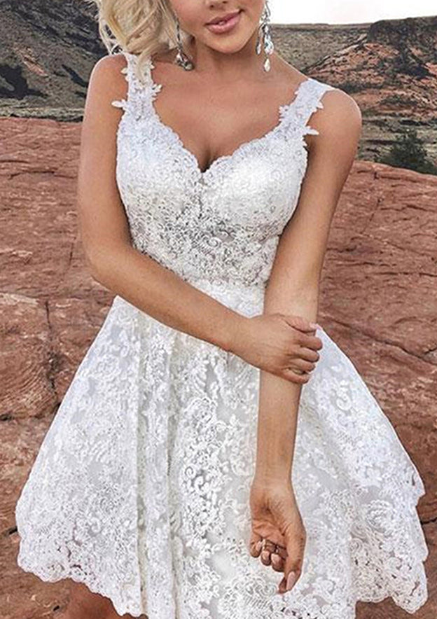 A-line V Neck Lace Short Homecoming Dress