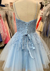 A-Line V Neck Lace Tulle Satin Homecoming Dress with Appliqued Sequins