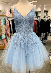 A-Line V Neck Lace Tulle Satin Homecoming Dress with Appliqued Sequins
