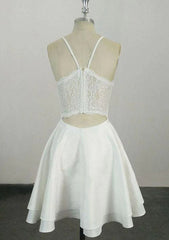 A-line V-Neck Satin Short Dress with Lace Accents