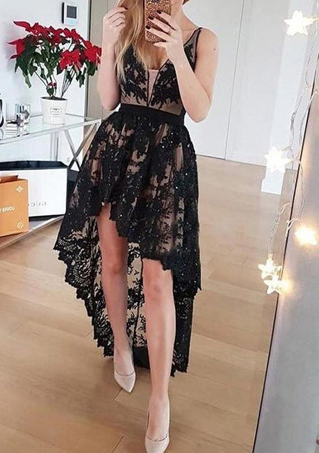 A-line V Neck Sleeveless Lace Satin Asymmetrical Homecoming Dress With Sequins