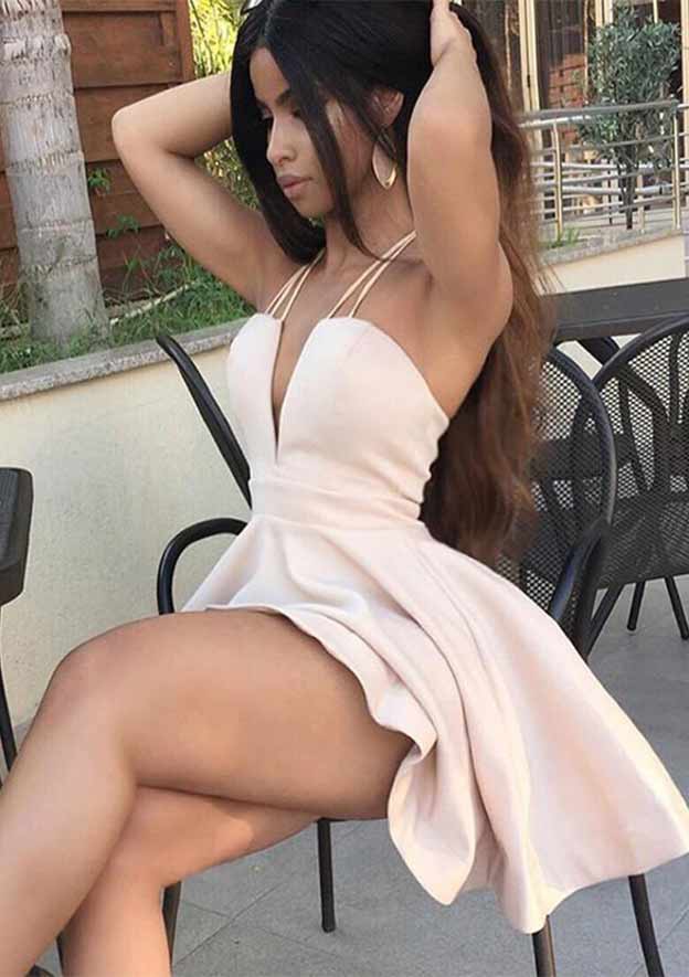 A-Line V-Neck Sleeveless Mini Satin Homecoming Dress