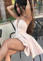 A-Line V-Neck Sleeveless Mini Satin Homecoming Dress