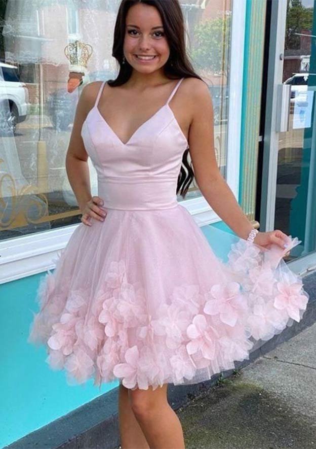 A-Line V-Neck Sleeveless Mini Tulle Homecoming Dress with Flowers