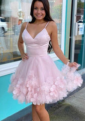 A-Line V-Neck Sleeveless Mini Tulle Homecoming Dress with Flowers