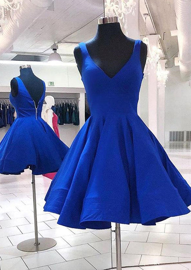 A-line V Neck Sleeveless Satin Short Dress for Homecoming