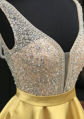 A-Line V Neck Sleeveless Satin Short/Mini Homecoming Dress with Beading and Sequins