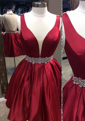 A-line V Neck Sleeveless Satin Short/Mini Homecoming Dress With Beading Bandage
