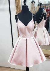 A-line V Neck Sleeveless Satin Short/Mini Homecoming Dress with Ruffles