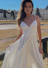 A-line V Neck Sleeveless Satin Tea-Length Homecoming Dress