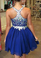 A-Line V-Neck Sleeveless Short/Mini Chiffon Homecoming Dress With Crystal