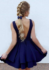 A-line V Neck Sleeveless Short Satin Homecoming Dress with Ruffles