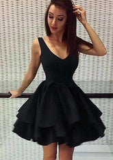 A-line V Neck Sleeveless Short Satin Homecoming Dress with Ruffles