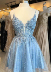 A-line V Neck Sleeveless Short/Mini Tulle Homecoming Dress with Appliqued Beading Glitter