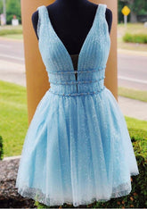 A-line V Neck Sleeveless Tulle Dress With Beading Glitter for Homecoming