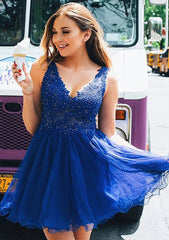 A-line V Neck Sleeveless Tulle Short/Mini Homecoming Dress With Appliqued Beading Lace