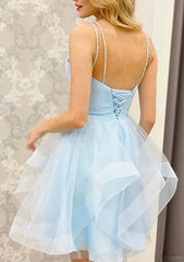 A-line V Neck Sleeveless Tulle Short/Mini Homecoming Dress With Beading & Pleats