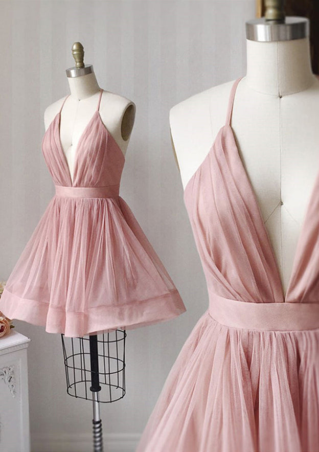 A-line V Neck Sleeveless Tulle Short/Mini Homecoming Dress with Pleated Detail