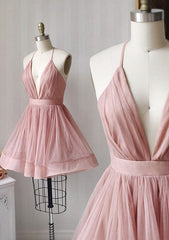 A-line V Neck Sleeveless Tulle Short/Mini Homecoming Dress with Pleated Detail