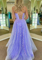 Elegant A-Line V-Neck Spaghetti Straps Prom Dress/Evening Dress with Sweep Train and Appliqued Glitter