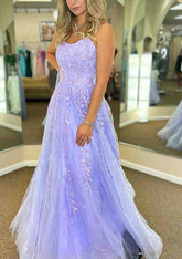 Elegant A-Line V-Neck Spaghetti Straps Prom Dress/Evening Dress with Sweep Train and Appliqued Glitter