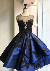 A-Line/Princess Bateau Knee-Length Satin Cocktail Dress with Appliqued