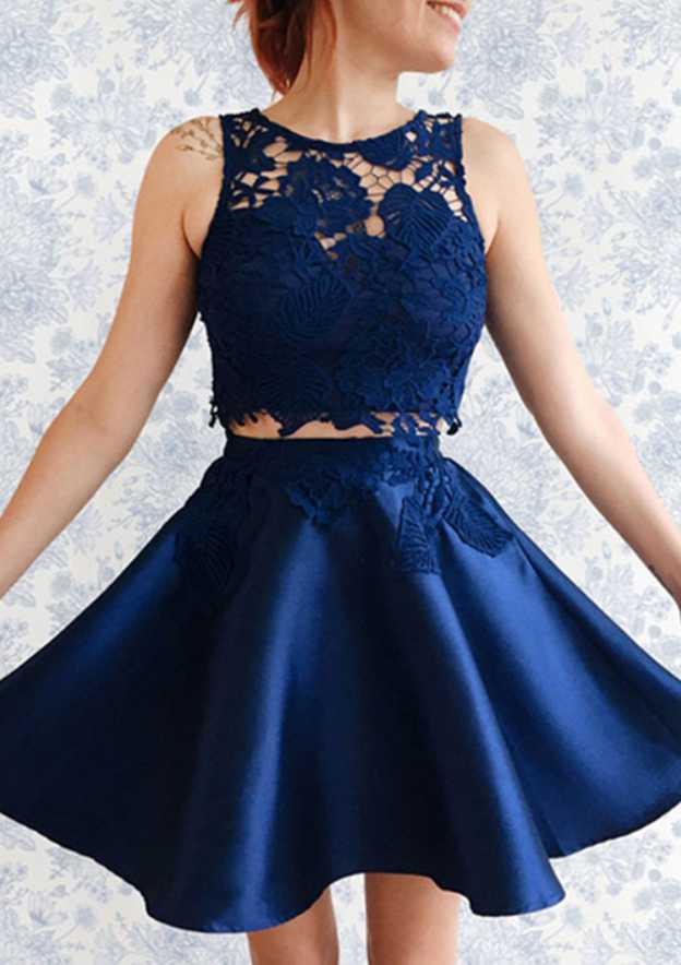 A-Line/Princess Bateau Short/Mini Satin Homecoming Dress With Lace