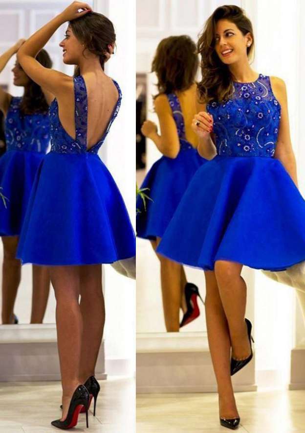 A-Line/Princess Bateau Short/Mini Tull Homecoming Dress with Beaded Detail