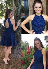A-Line/Princess Bateau Short/Mini Tulle Homecoming Dress with Beaded Accents