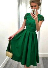 A-Line/Princess Satin Prom Dress With Lace - Tea-Length