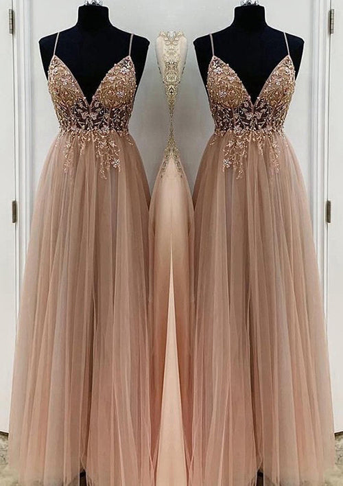 Elegant A-Line/Princess V-Neck Long/Floor-Length Tulle Prom Dress/Evening Dress With Beading Sequins